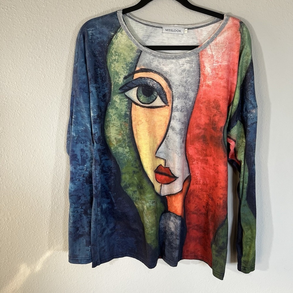 Colorful Pablo Picasso All Over Abstract Face  Graphic Sz L Long Sleeve Shirt